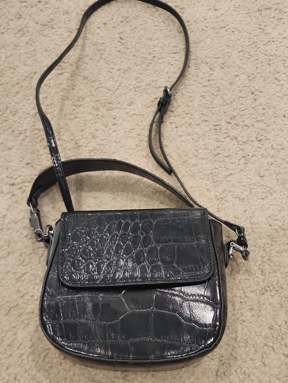 Zara Black Croc-Embossed Crossbody Saddle Bag